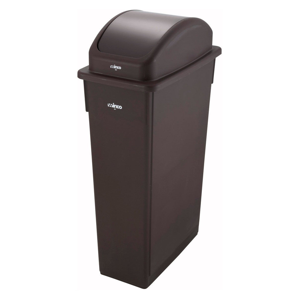 Winco PTCL-23B brown swing lid mounted on a 23-gallon slender brown trash can, full view on white background