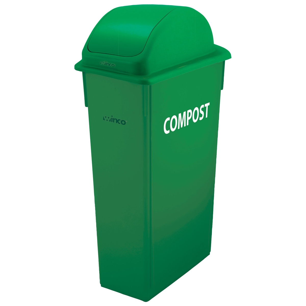 Winco green 23-gallon slender compost container with PTCL-23GR swing lid installed, labeled COMPOST