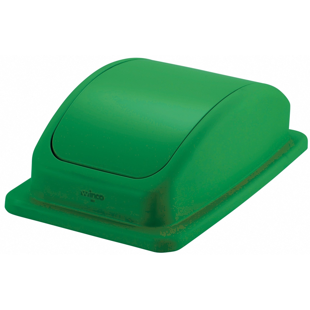 Winco PTCL-23GR green rectangular dome swing lid for 23-gallon slender trash can, viewed from above at an angle