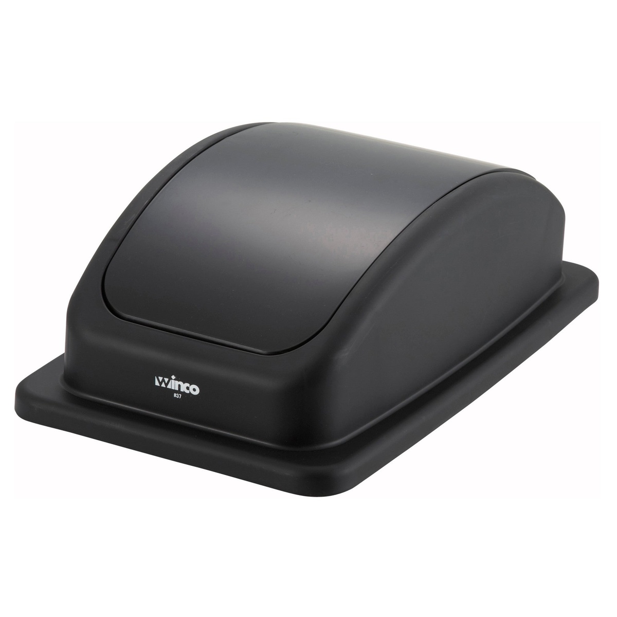 Winco PTCL-23K black rectangular dome swing lid for 23-gallon slender trash cans, viewed from above at an angle