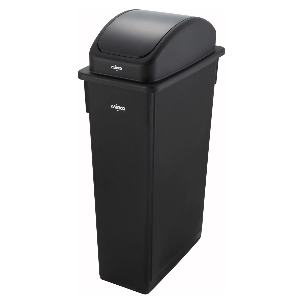 Winco PTCL-23K black swing lid mounted on a full 23-gallon slender black trash can, showing the complete assembly