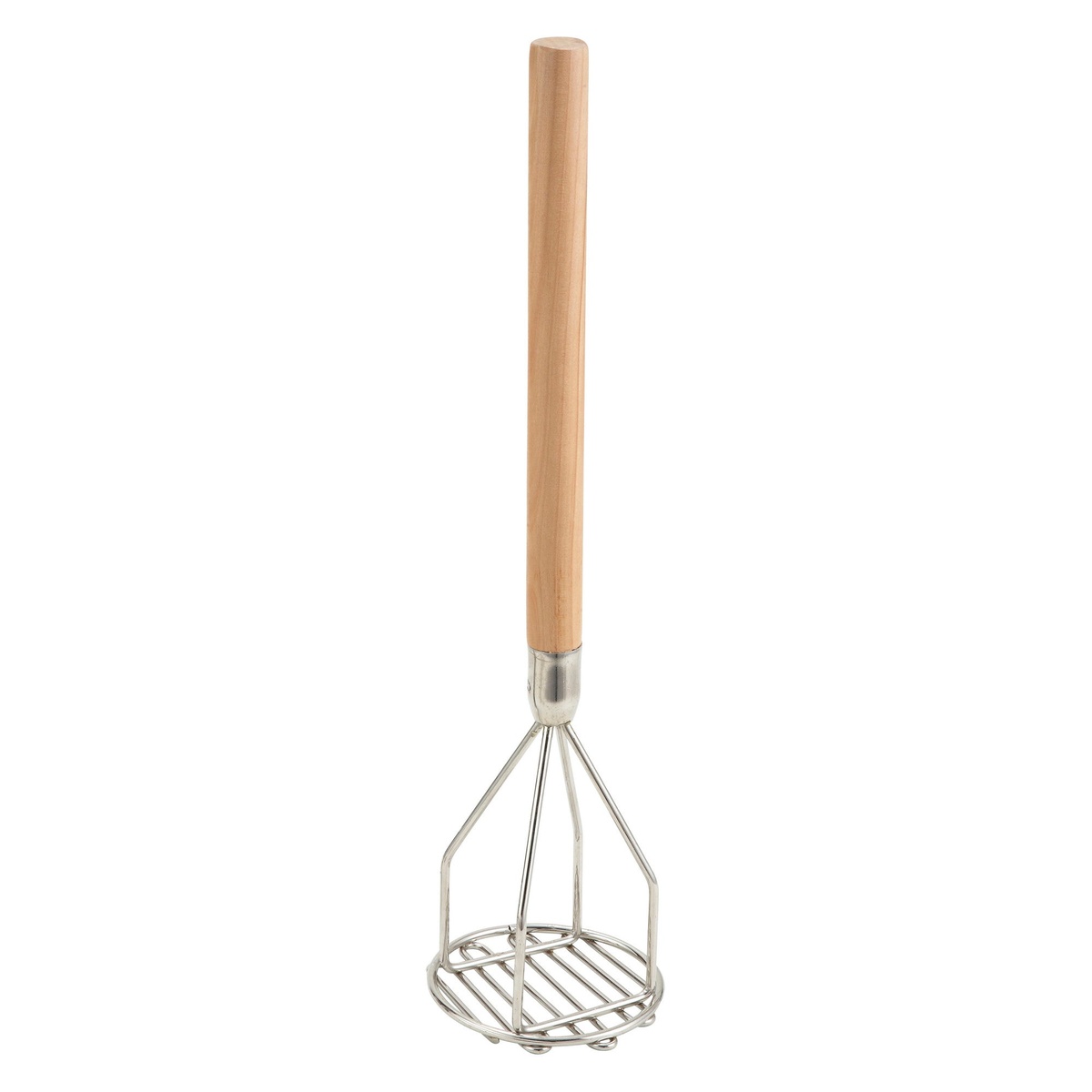Winco PTM-18R potato masher full view showing 18-inch wooden handle and round nickel-plated wire masher head