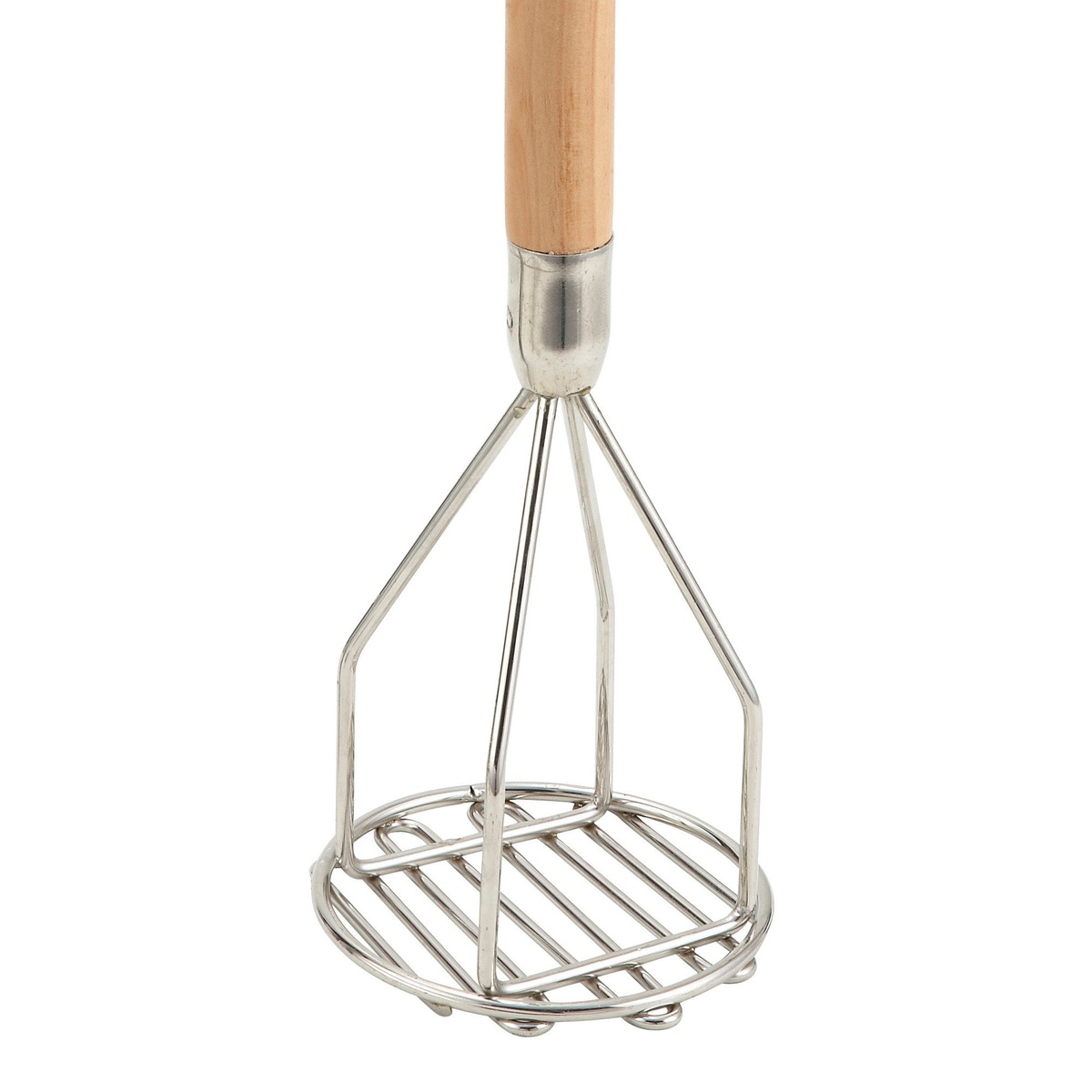 Close-up detail of the round nickel-plated wire masher head on the Winco PTM-18R potato masher