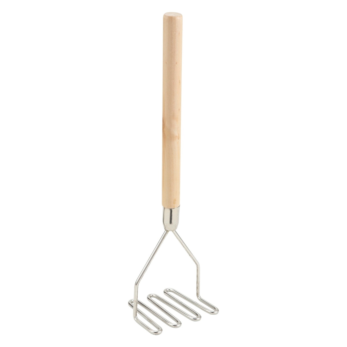 Winco PTM-18S full-length potato masher with natural wood handle and nickel-plated square wire mashing head