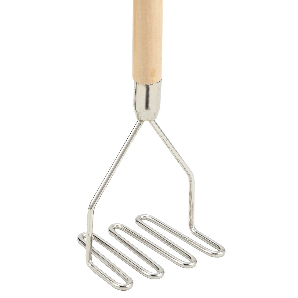 Close-up of the nickel-plated square wire mashing head and lower handle of the Winco PTM-18S potato masher
