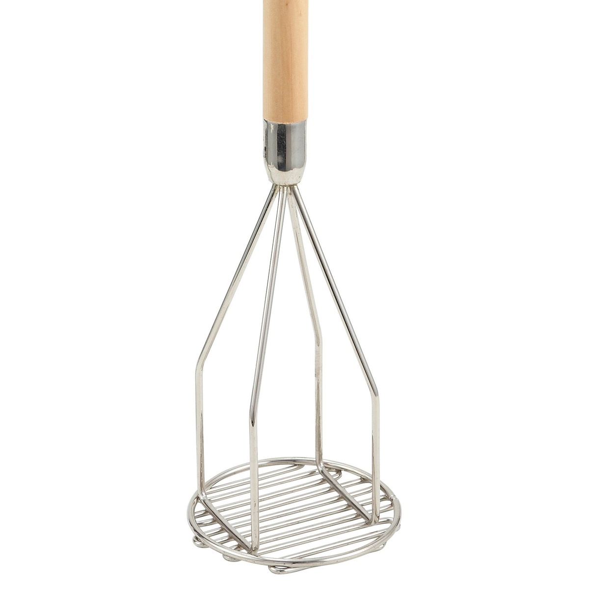 Close-up of the nickel-plated round wire mashing head and wooden handle connection on the Winco PTM-24R potato masher