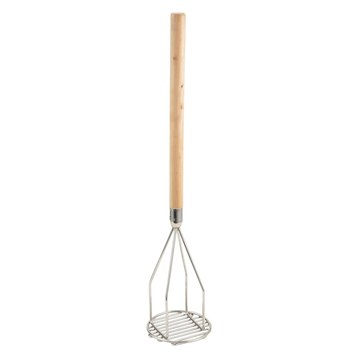 Winco PTM-24R potato masher with wooden handle and nickel-plated round mashing head, full product view