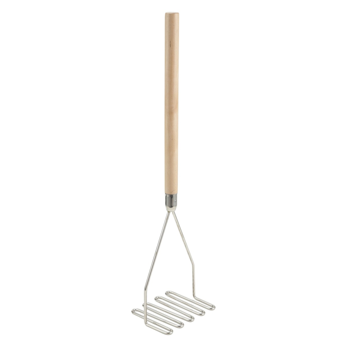 Winco PTM-24S potato masher with 24-inch wooden handle and nickel-plated square mashing head, full product view