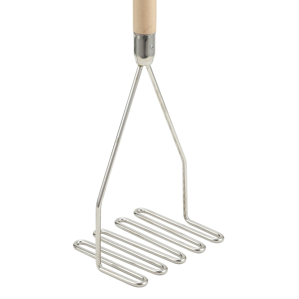 Close-up of Winco PTM-24S nickel-plated square zig-zag wire mashing head and chrome collar connecting to wooden handle