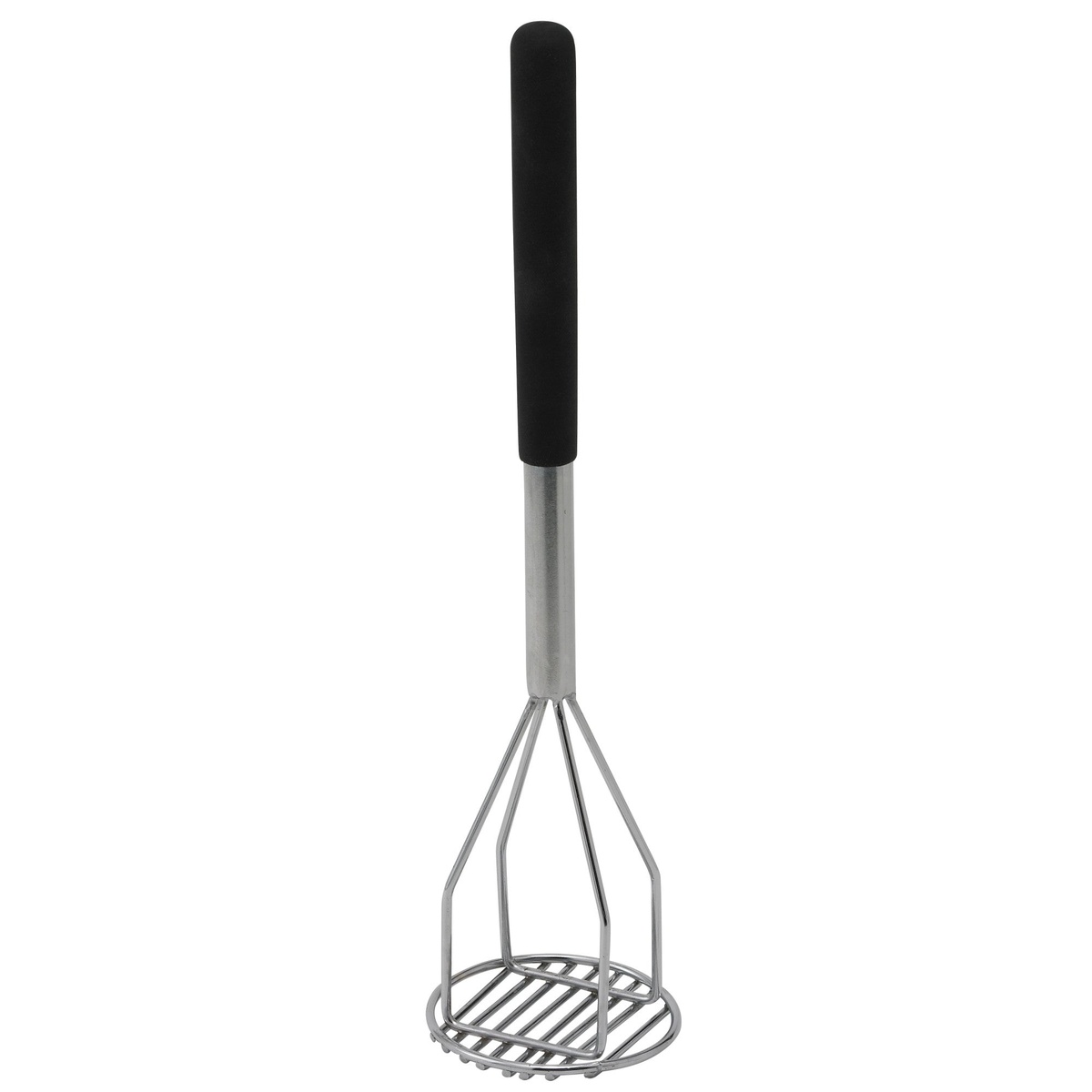 Winco PTMP-18R 18-inch round potato masher with chrome handle and black polypropylene sleeve