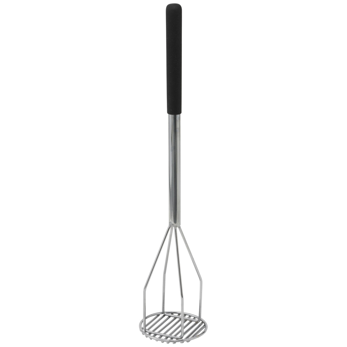 Winco PTMP-24R 5-inch round potato masher with chrome handle and black polypropylene grip