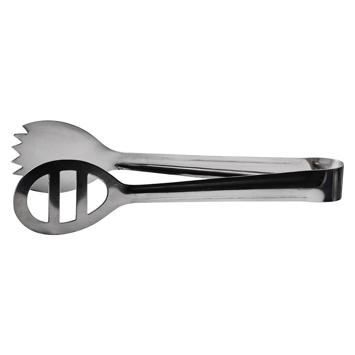 Winco PTOS-8 7-3/4 inch stainless steel oval salad tongs with serrated and slotted ends, satin finish
