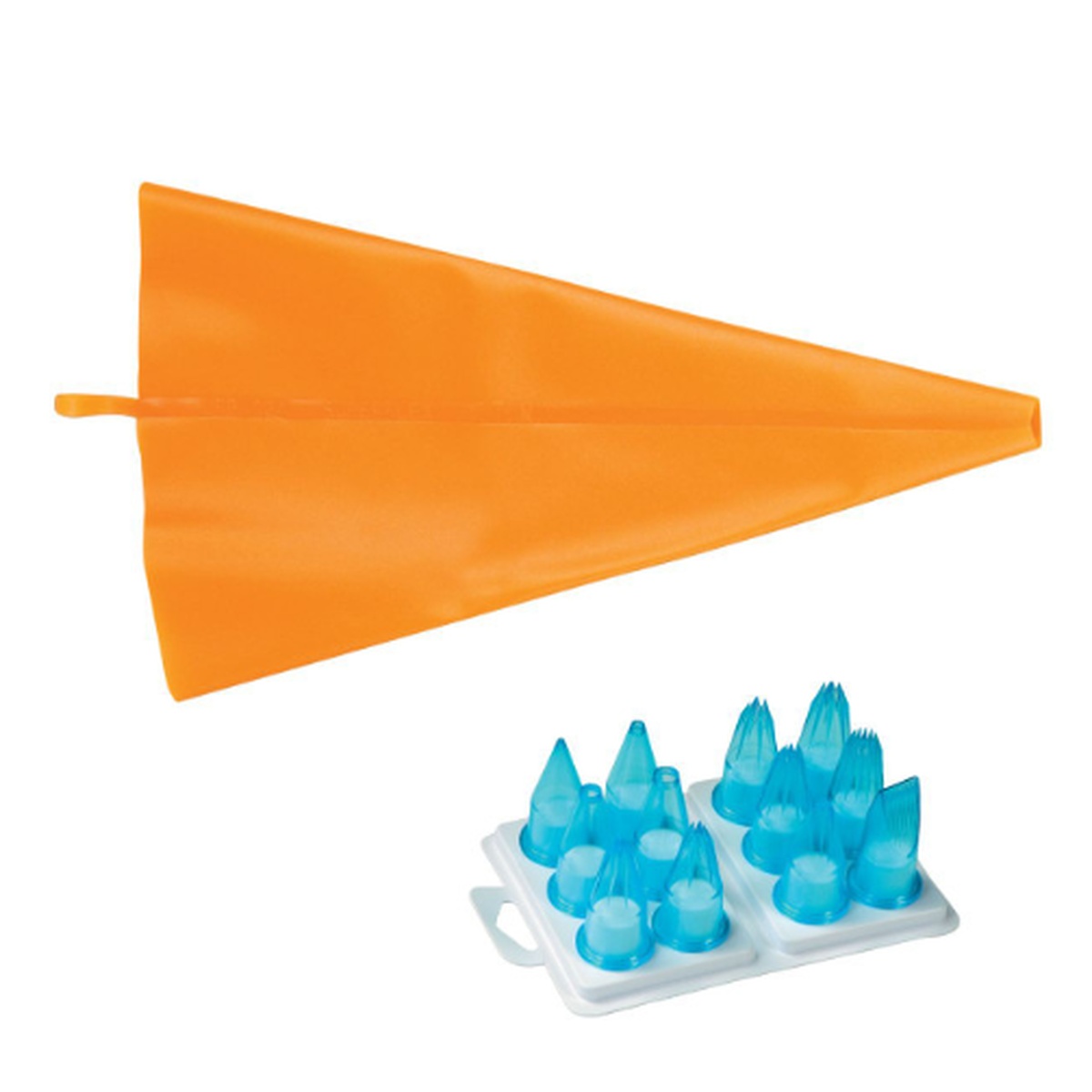 Fat Daddio's PTS-3028-SB 13-piece set showing orange silicone pastry bag and 12 translucent blue polycarbonate decorating tips on a white tray
