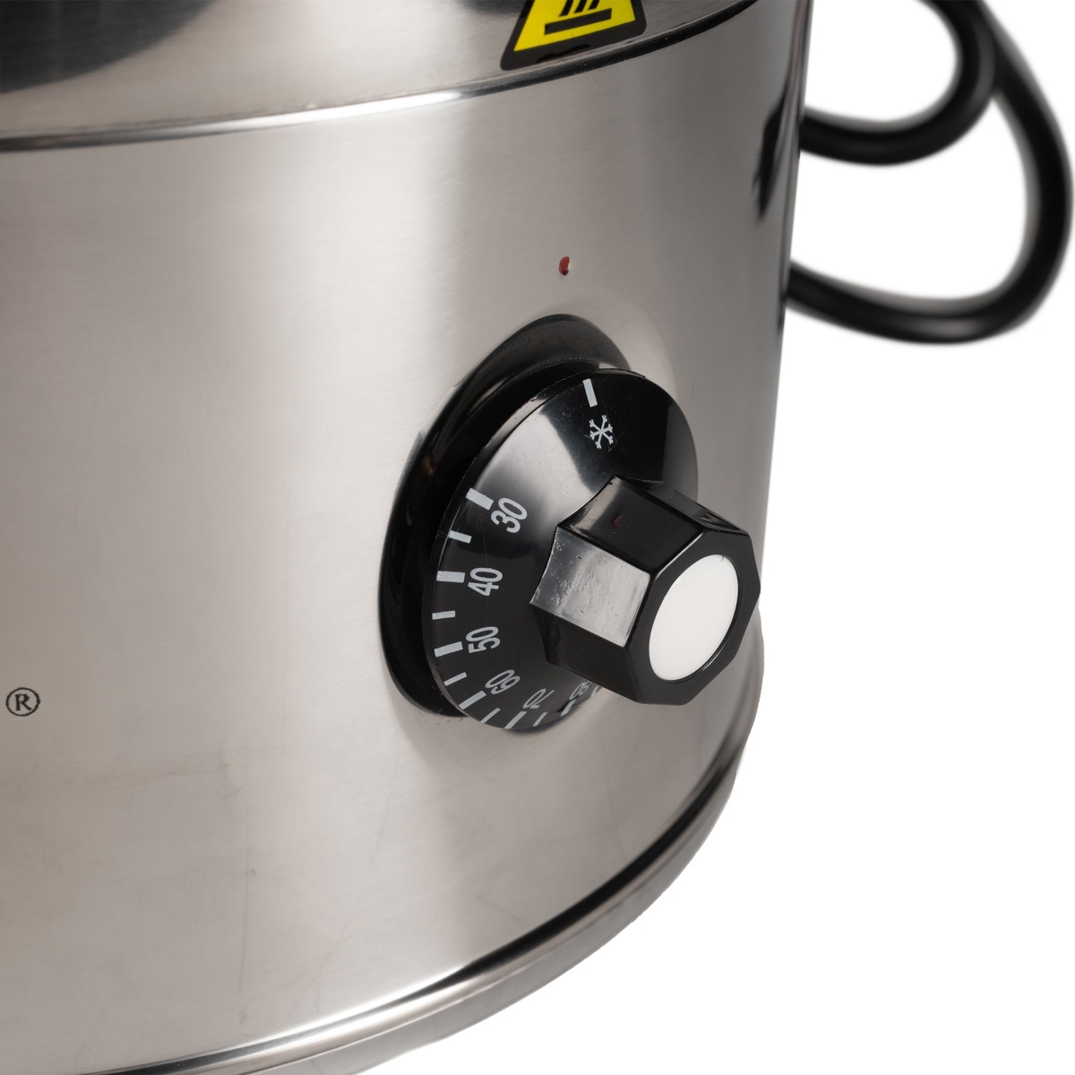 Close-up of Boswell PU200 temperature control dial knob on stainless steel body