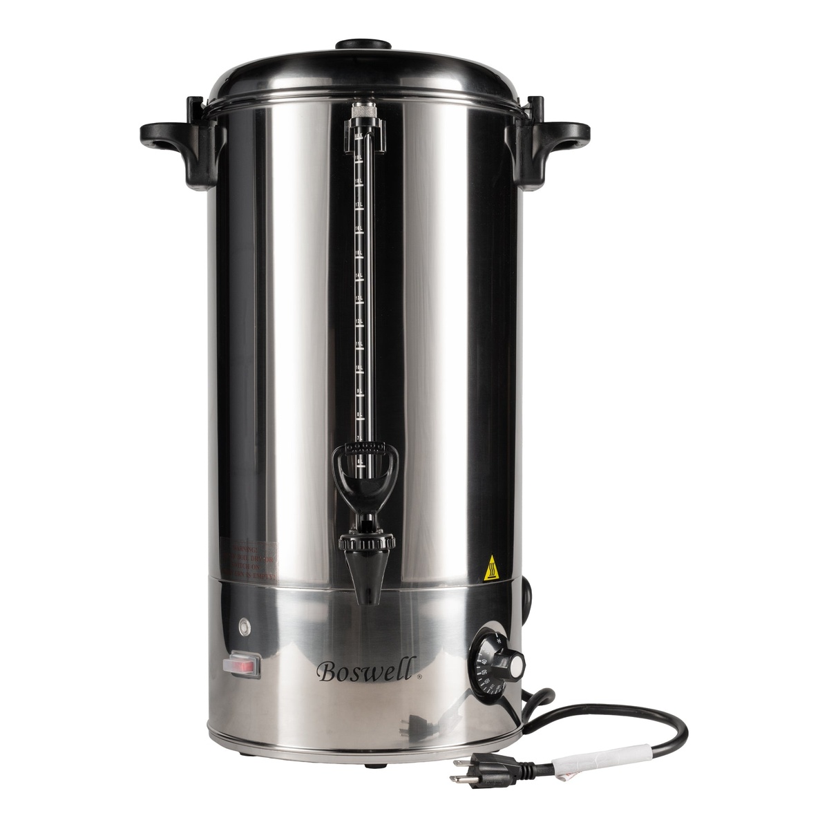 Boswell PU200 hot water boiler angled view showing power cord and full unit profile