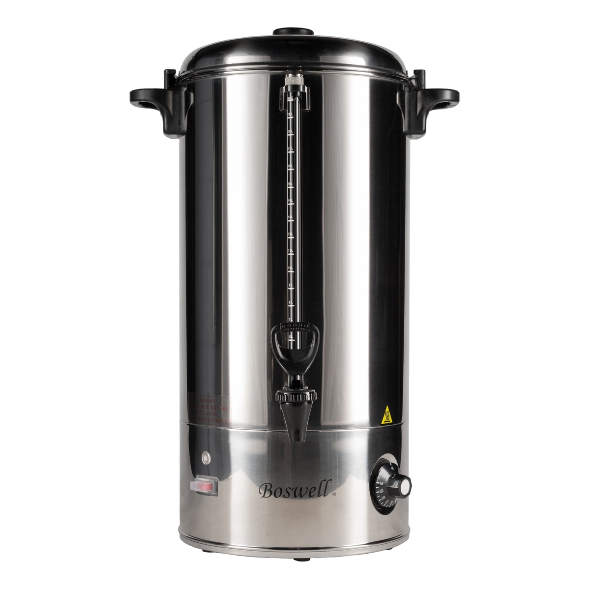 Boswell PU200 stainless steel 100-cup hot water boiler front view with sight glass and dispensing spigot