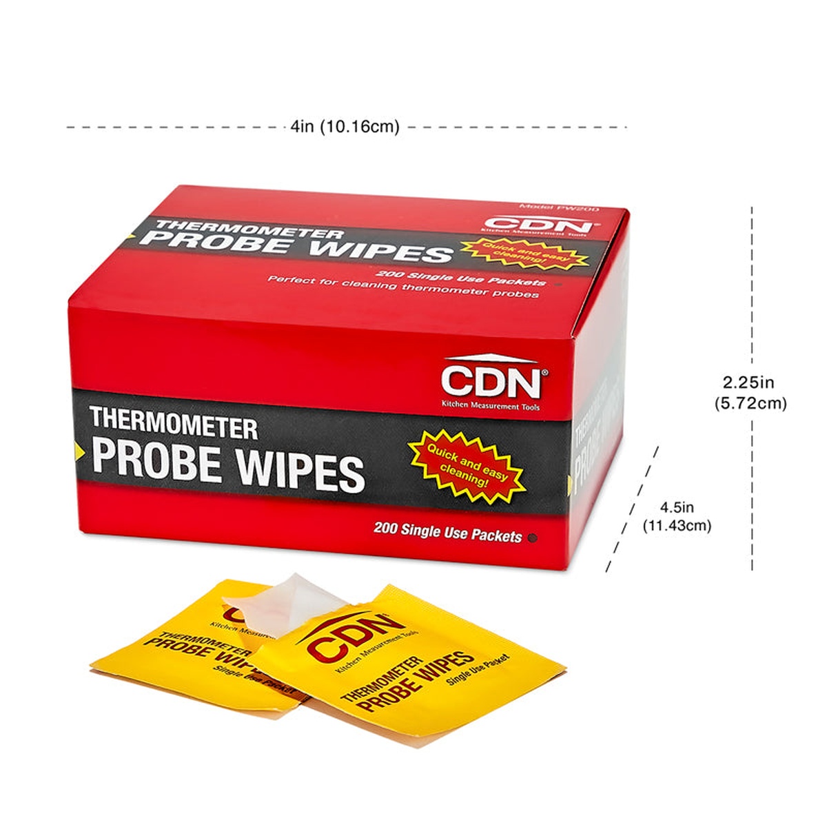 CDN PW200 Probe Wipes box with dimension callouts showing 4 in depth, 4.5 in width, and 2.25 in height, with two individual foil packets in front