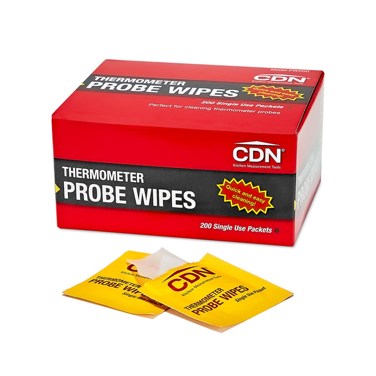 CDN PW200 Thermometer Probe Wipes red box with two individual yellow foil single-use packets in front on white background