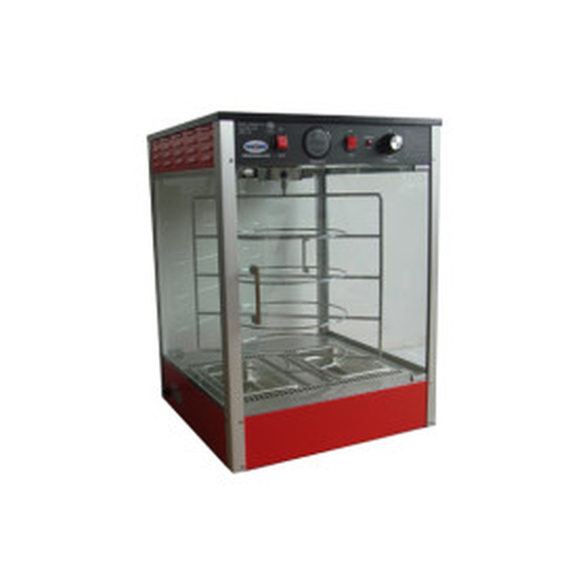 Cozoc PW5002-10-18 two-door countertop pizza warmer with tempered glass panels and red aluminum cabinet