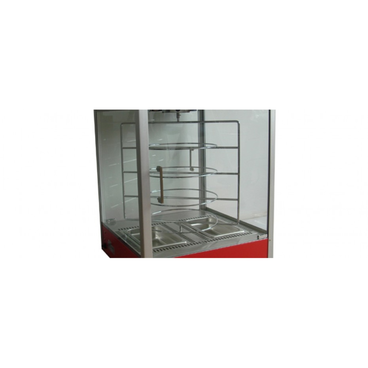 Cozoc PW5002-10-18 countertop pretzel warmer display case with four-tier revolving rack, tempered glass panels, and dual glass doors