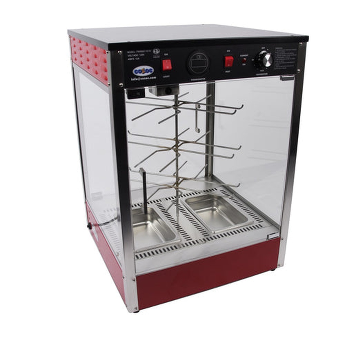 Cozoc PW5002-10-22 countertop pretzel warmer full unit with red cabinet, glass doors, and stainless steel interior