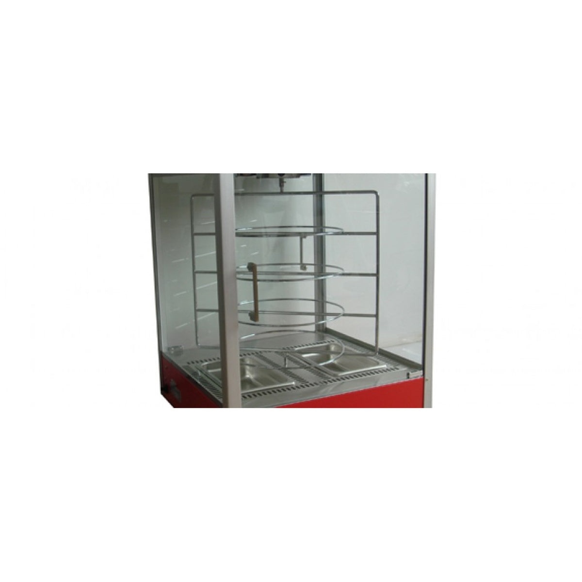 Close-up of the Cozoc PW5002-10-22 interior showing the 4-tier revolving stainless steel pretzel rack and water pan
