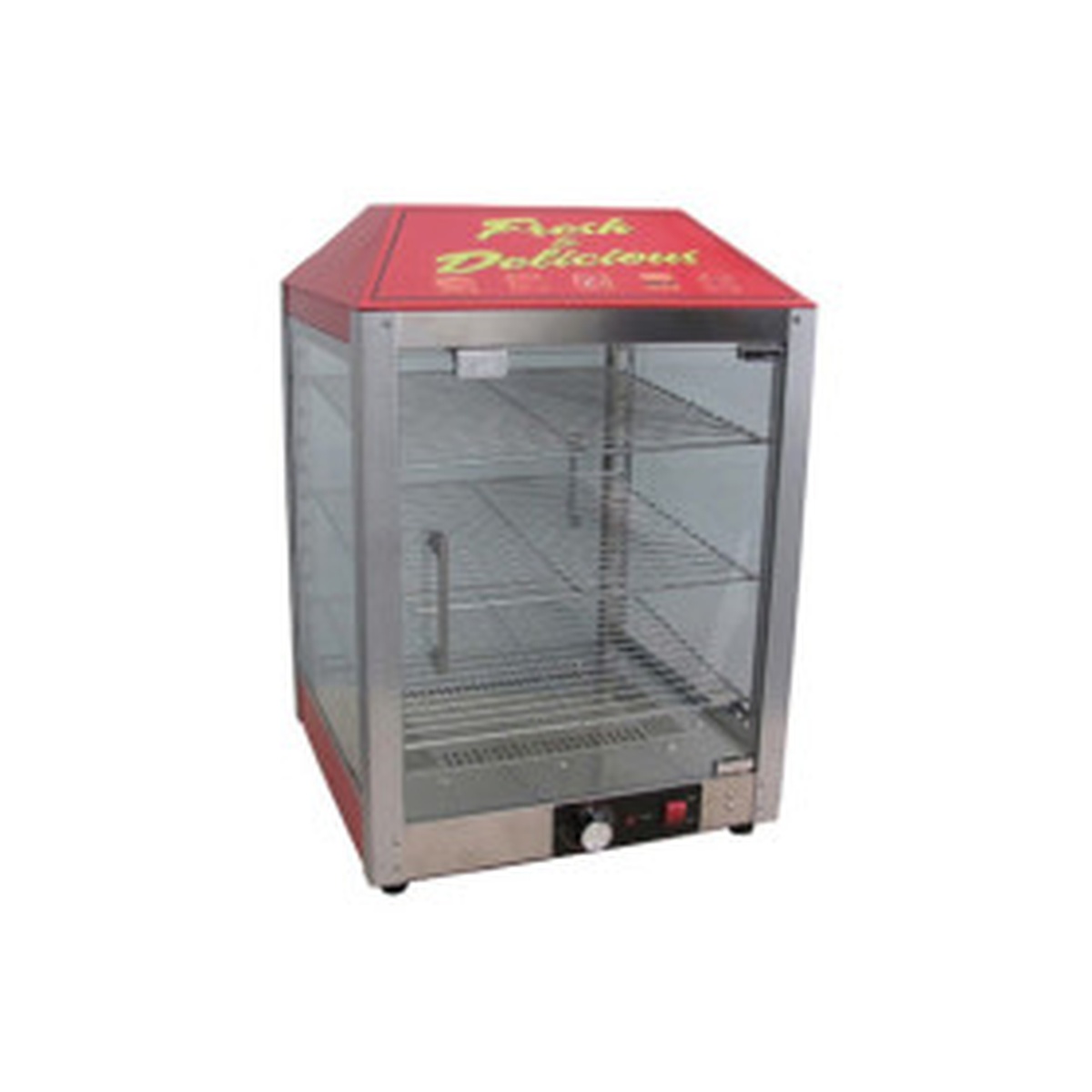 Cozoc PW5002-3 countertop pizza warmer display case with red top panel, tempered glass doors and sides, and three chrome-plated shelves
