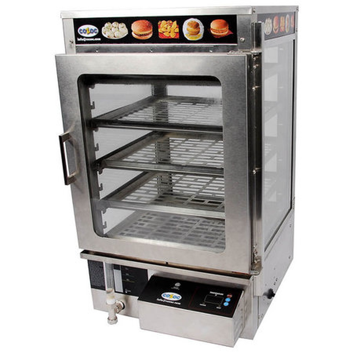 Cozoc PW5002-4-16 countertop steamer heated display case with five wire shelves and stainless steel and tempered glass construction
