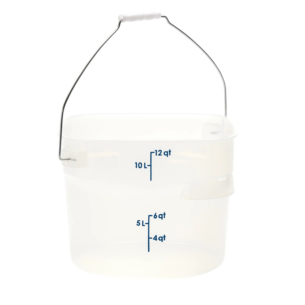 Cambro FreshPro 12 qt. translucent pail with bail handle raised on white background
