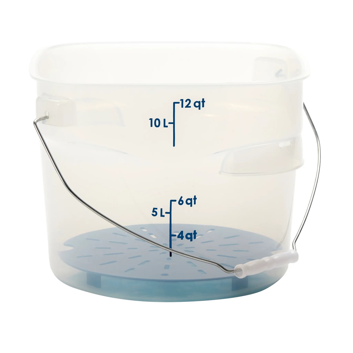 Cambro FreshPro 12 qt. translucent pail showing perforated blue drain tray at base and blue graduation markings
