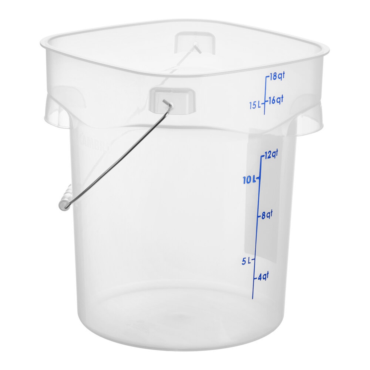 Cambro CamRounds FreshPro 18 qt translucent round food storage pail with bail handle and blue quart and liter graduations on white background