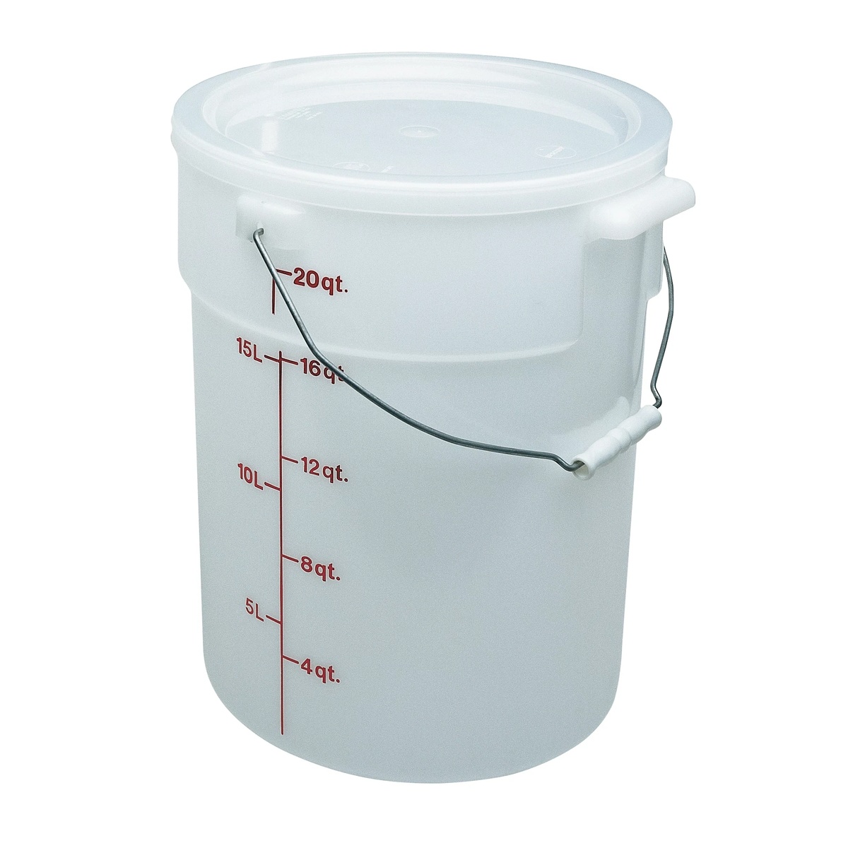 Cambro PWB22148 white 22 qt pail shown with optional snap-tight lid seated on top and wire bail handle raised to the side