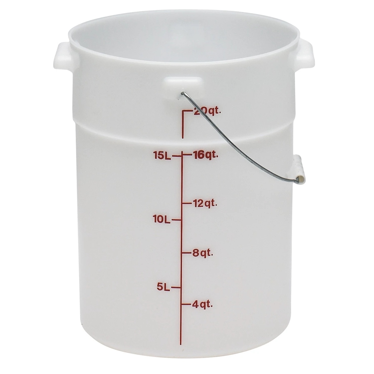 Cambro PWB22148 white 22 qt polyethylene pail showing molded handles, wire bail, and red imprinted quart and liter graduation markings