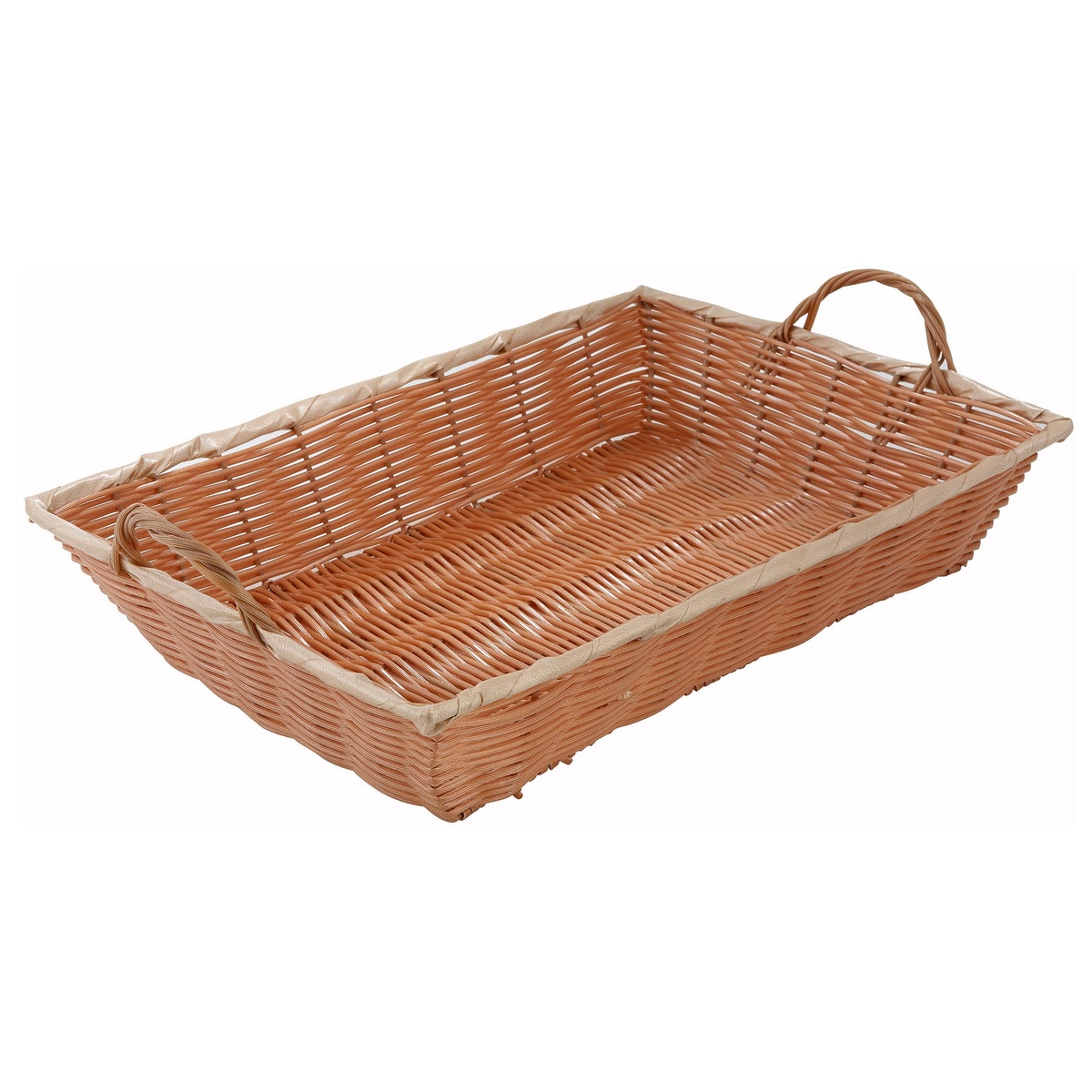 Winco PWBN-16B natural woven polypropylene rectangular basket with handles, angled view