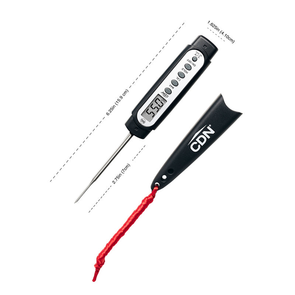 CDN Q2-450X thermometer dimensions diagram showing 6.25 in height, 1.625 in width, and 2.75 in stem length alongside the protective sheath and red lanyard