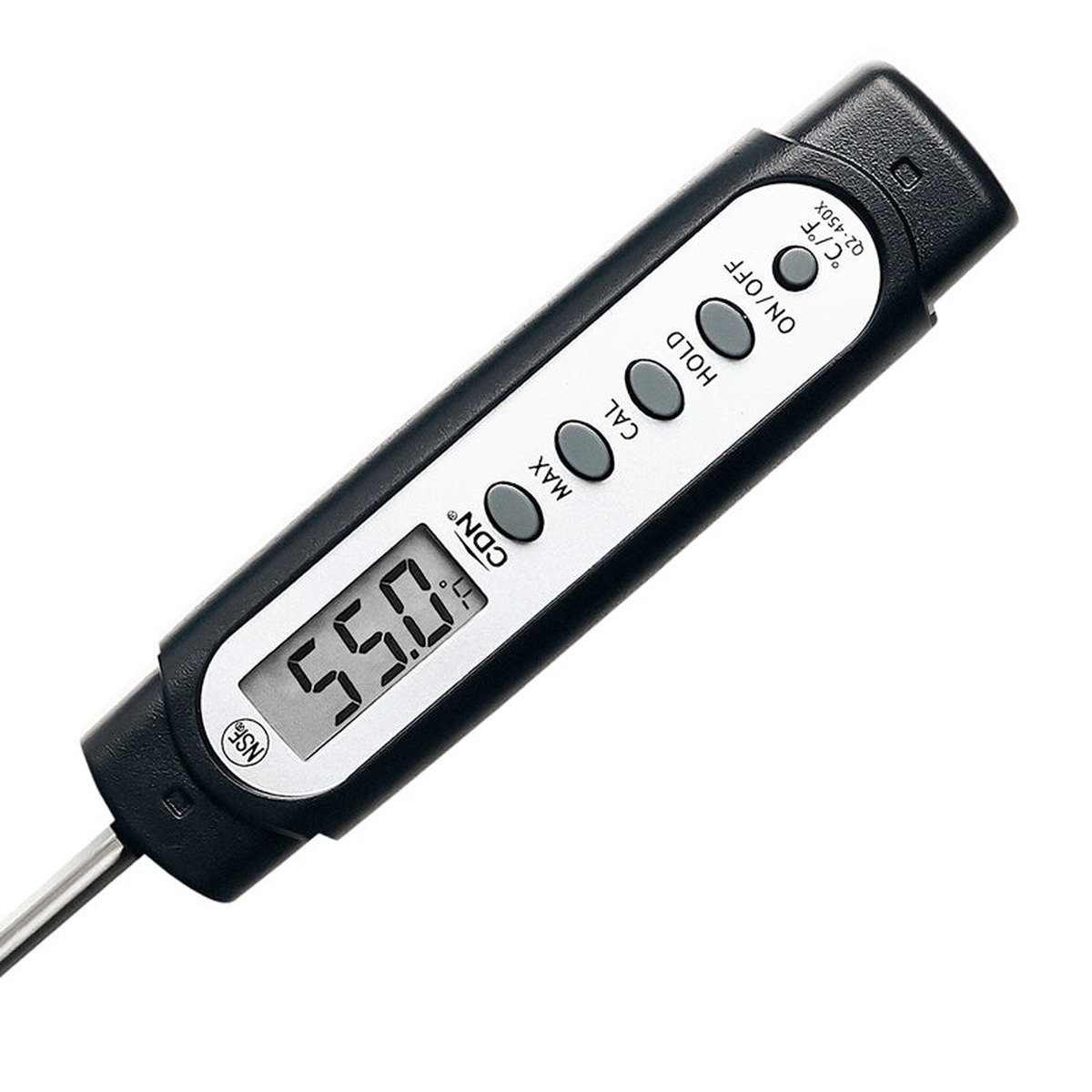 Close-up of the CDN Q2-450X digital display showing 55.0 degrees with ON/OFF, HOLD, CAL, and MAX buttons clearly visible