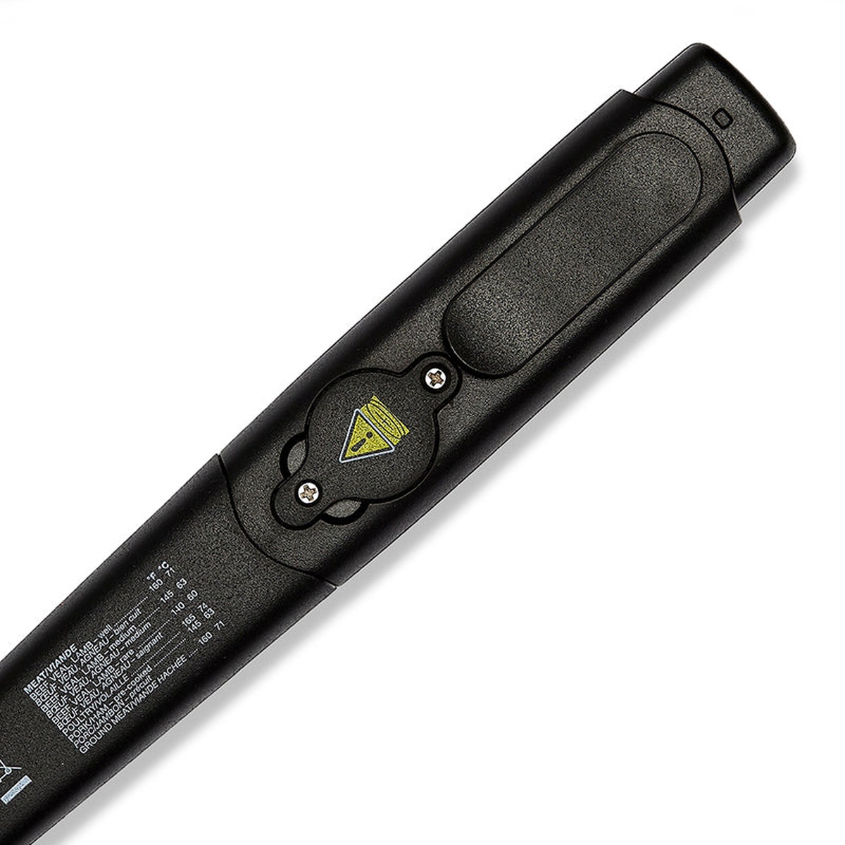 Back panel of the CDN Q2-450X thermometer showing the battery compartment and printed multilingual meat temperature reference guide