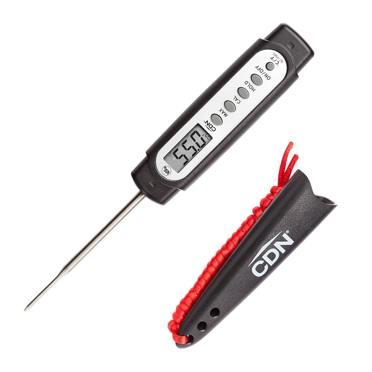 CDN Q2-450X digital pocket thermometer displayed with its protective black sheath and red braided lanyard on white background