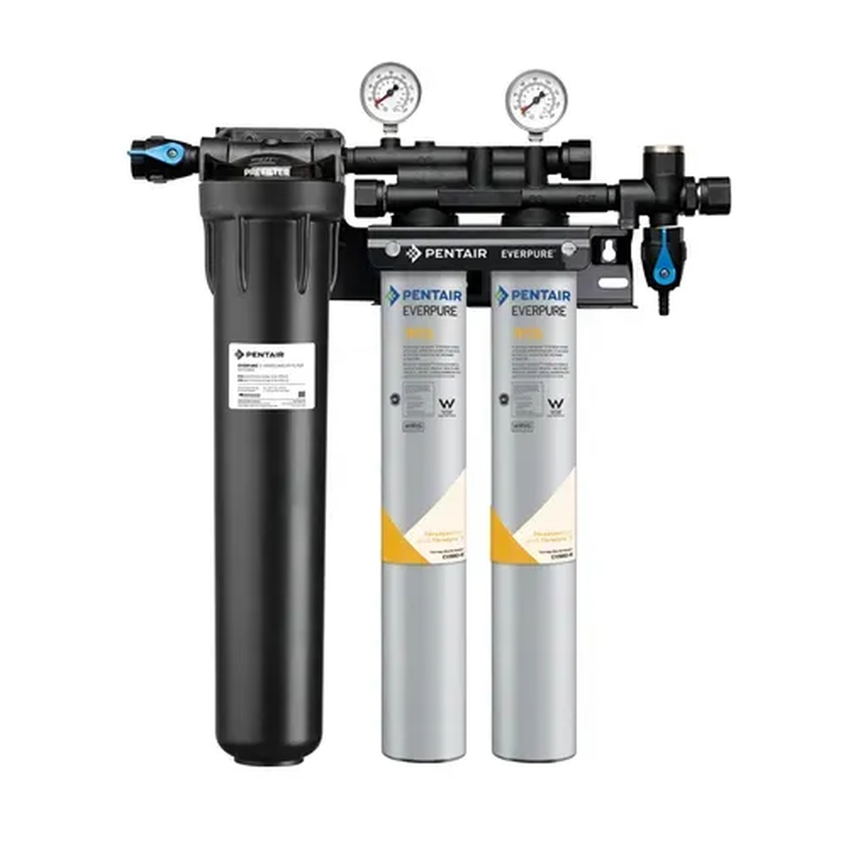 Everpure QC7I PF TWIN 7FC5 water filtration system showing one EC210 prefilter canister and two 7FC5 Fibredyne filter cartridges mounted on a manifold with pressure gauges and shut-off valves