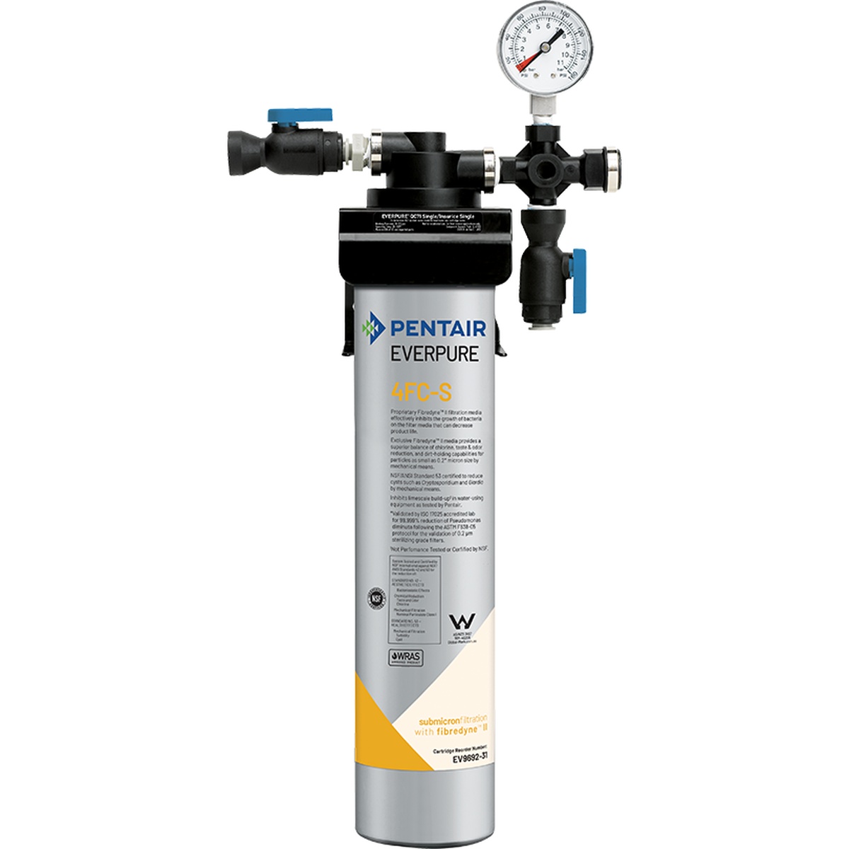 Everpure QC7I Single 4FC-S water filtration system with pressure gauge, shut-off valve, and flush valve