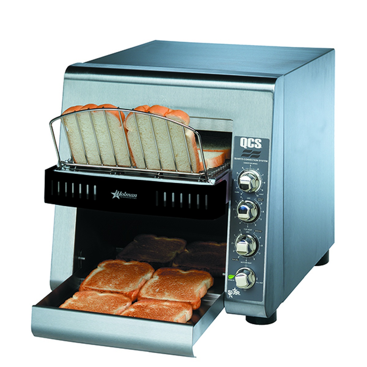 Star QCS2-800 conveyor toaster with control knobs and toast warming area
