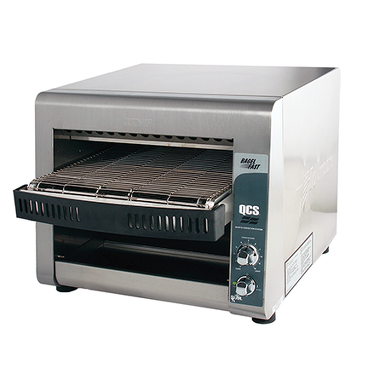 Angled view of Star QCS3-1000 conveyor toaster showing stainless housing, conveyor belt, and control panel