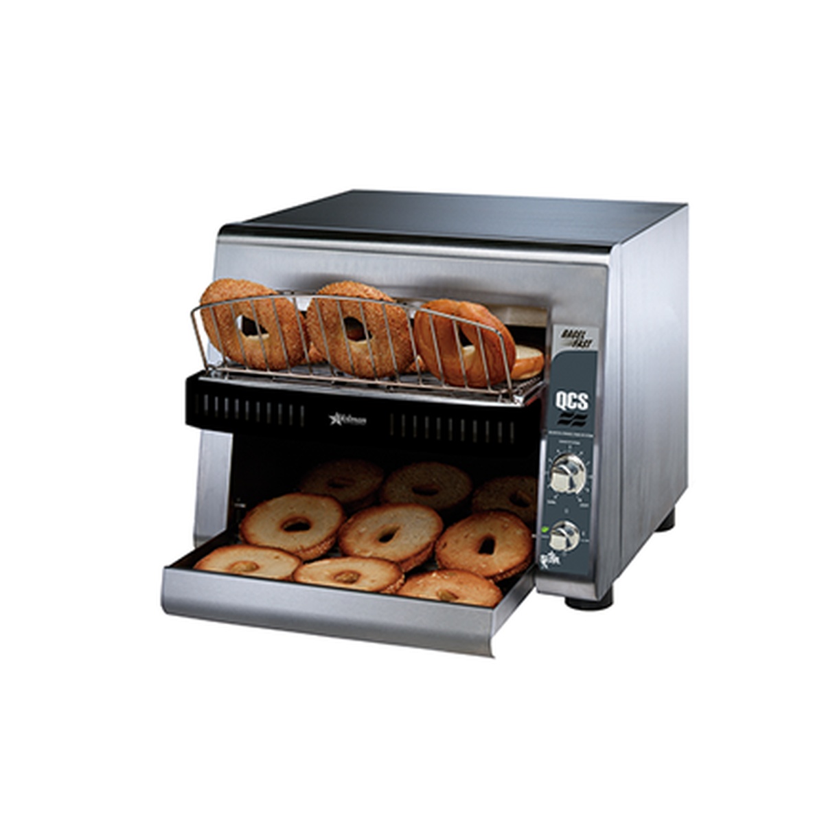 Star QCS3-1000 toaster with bagels on the loading rack and toasted bagels in the holding area
