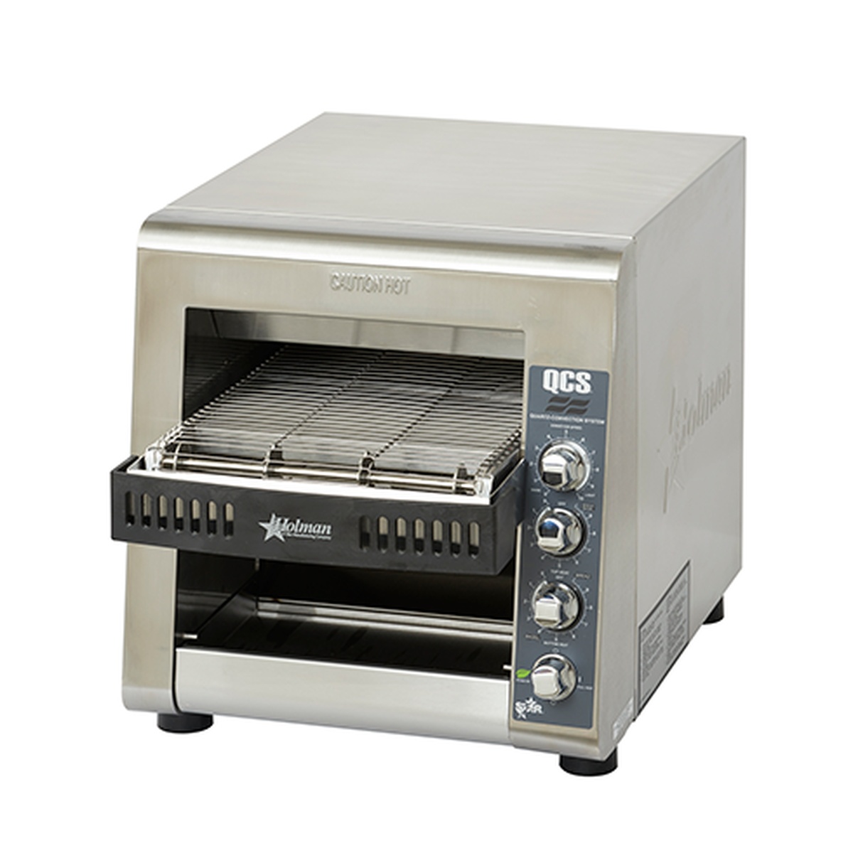 Front view of Star QCS3-1000 conveyor toaster showing conveyor opening and manual control knobs