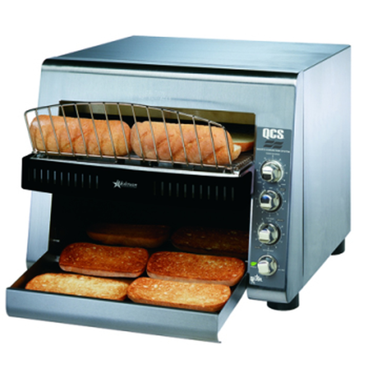 Star QCS3-950H countertop conveyor toaster with analog control knobs and product opening