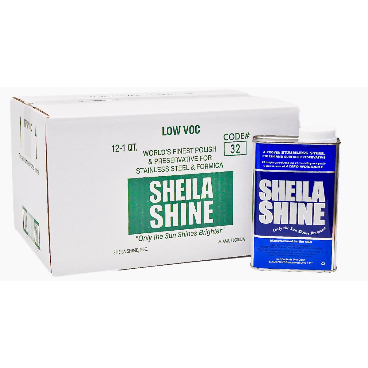 Sheila Shine Low VOC 1-quart can alongside its case box labeled 12-1 Qt.