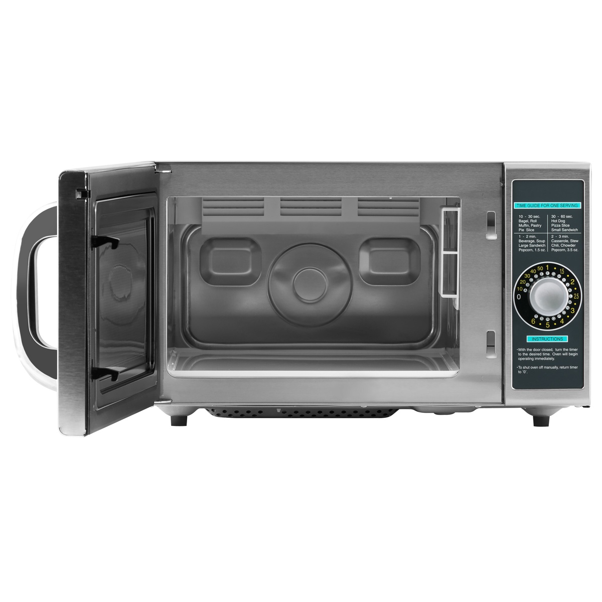 Sharp R-21LCFS commercial microwave oven interior view with door open