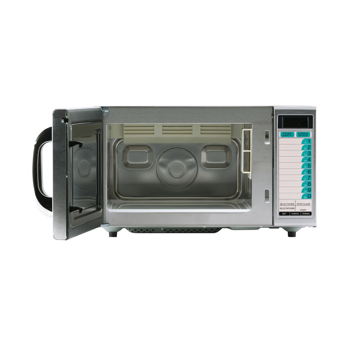 Sharp R-21LTF microwave with door open showing stainless steel interior