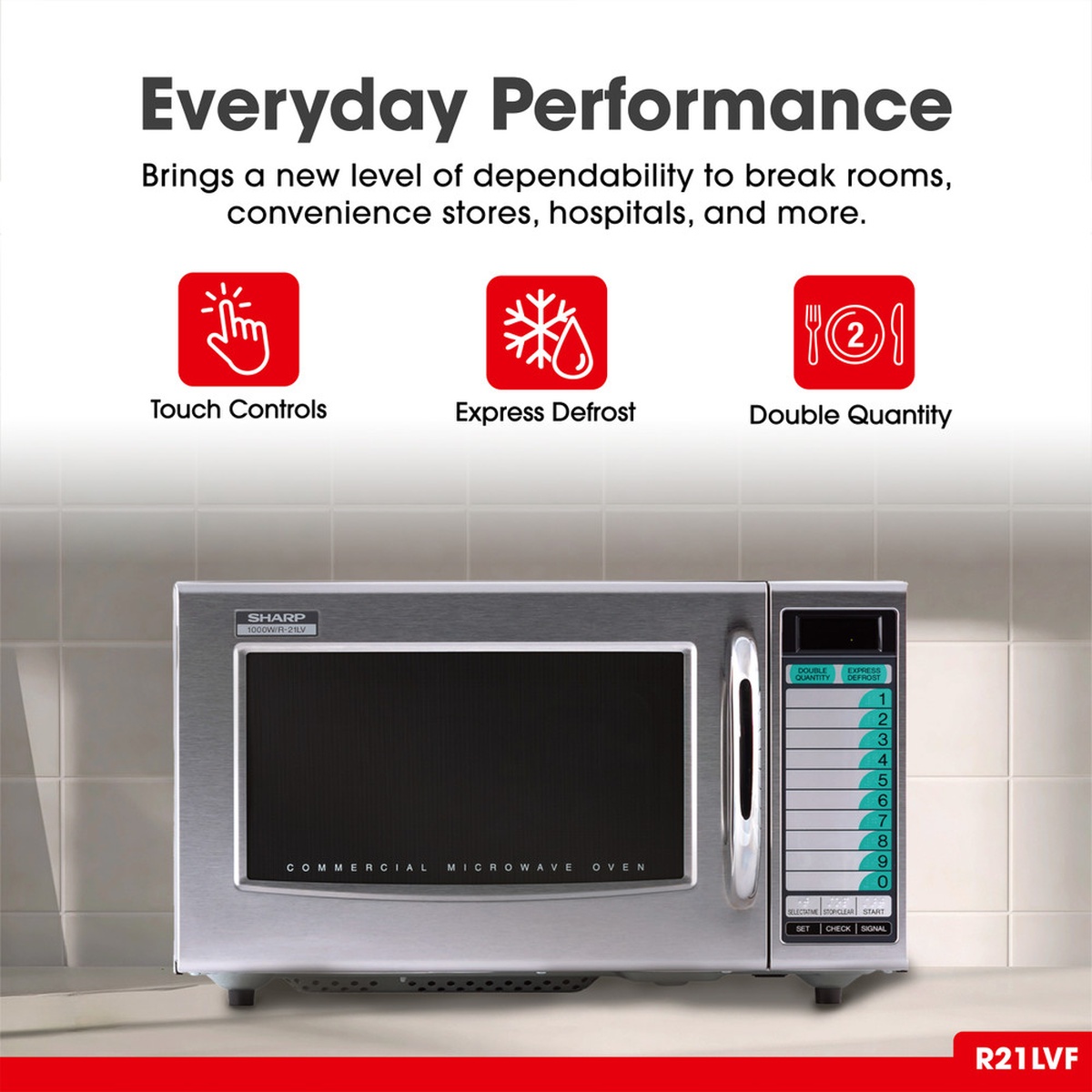 Sharp R-21LVF commercial microwave oven open door showing stainless steel interior