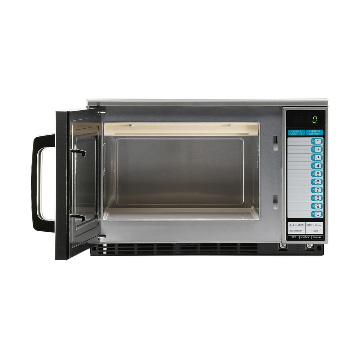 Sharp R-22GTF commercial microwave with door open showing stainless interior